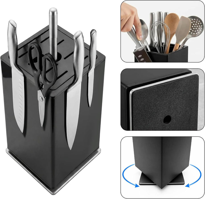 Magnetischer Messerblock aus Schwarz, 360° Drehbar, Universeller Messerhalter mit Vierseitigen Ultra