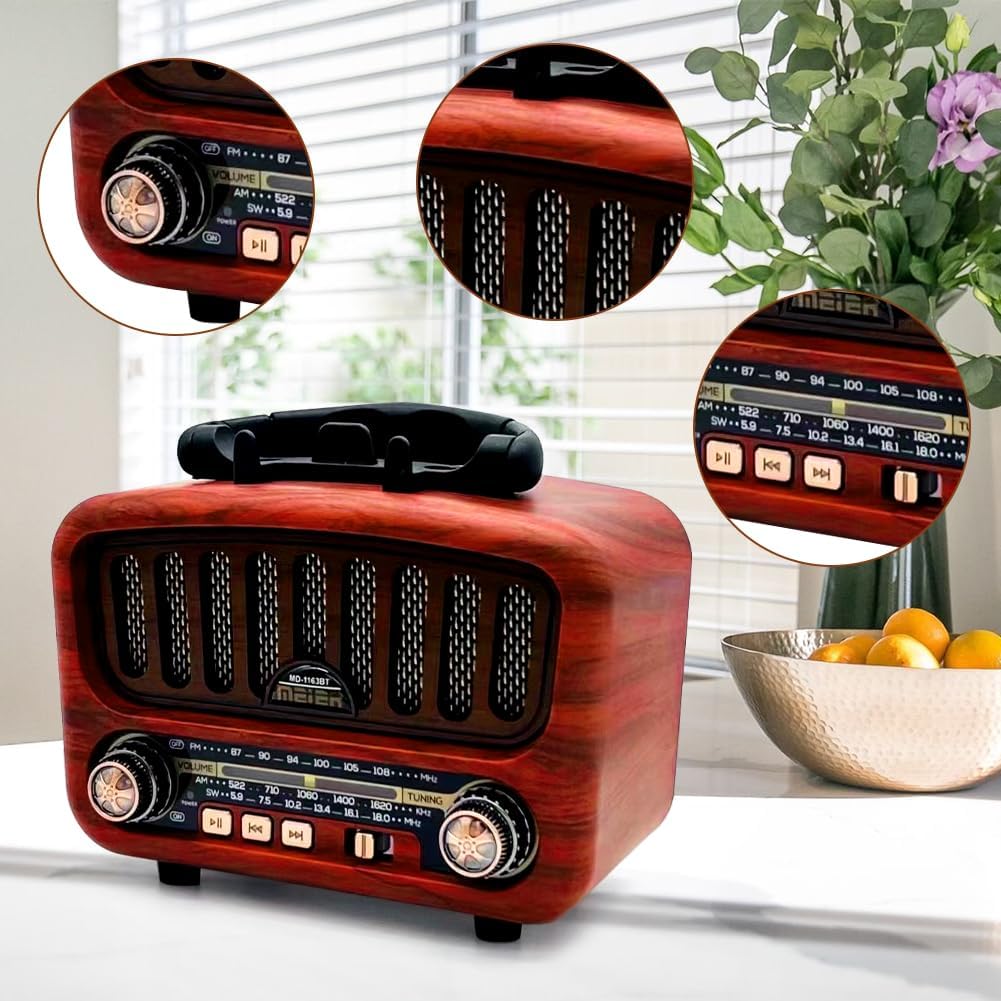 Retro Radio mit Bluetooth, Tragbares AM/FM/SW Radio mit Handyhalter, Nostalgie Klein mit 1800mAh Akk