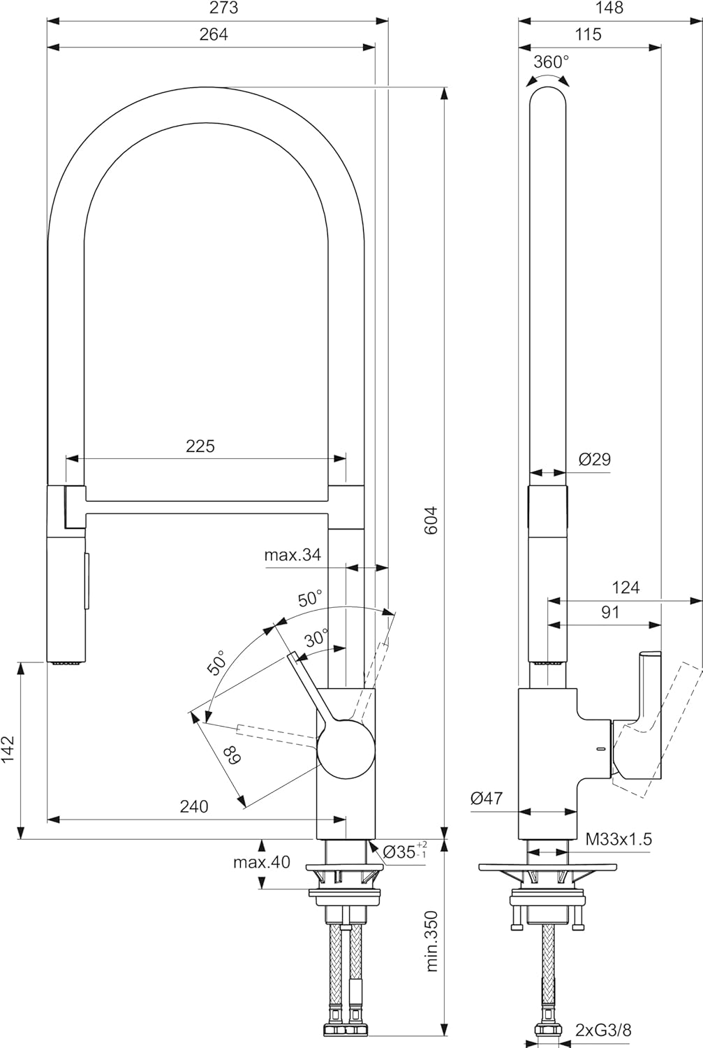 Ideal Standard – Gusto Küchenarmatur, Semi-Professional, mit 2-Funktionshandbrause an Silikonschlauc