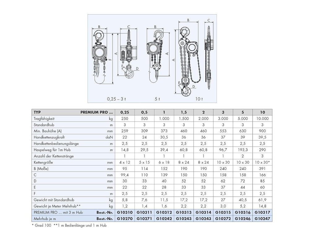 Planeta G10310 Flaschenzug Premium Pro, Tragfähigkeit 250 kg, Hub 3.00 m, Bedienlänge 2.50 m
