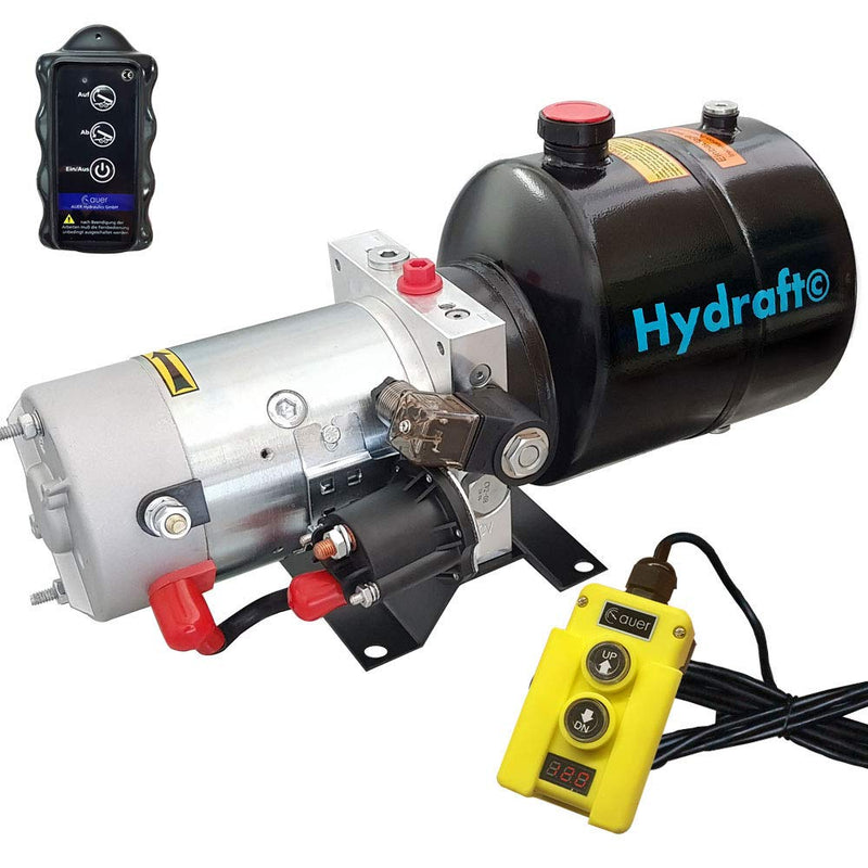 Hydraulikaggregat HYDRAFT, Hydraulikpumpe 12 V 180 bar 2000 Watt mit 4 Liter Stahtank und Kabelfernb