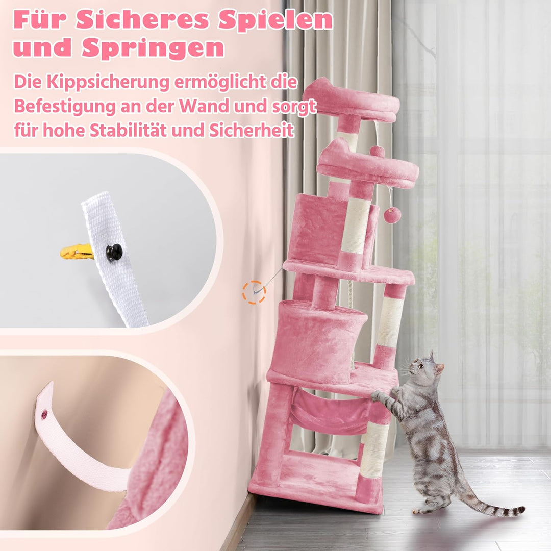 Yaheetech 158 cm Kratzbaum Katzenbaum mit Hängematte & Spielseil rosa | FSC-zertifizierte Spanplatte