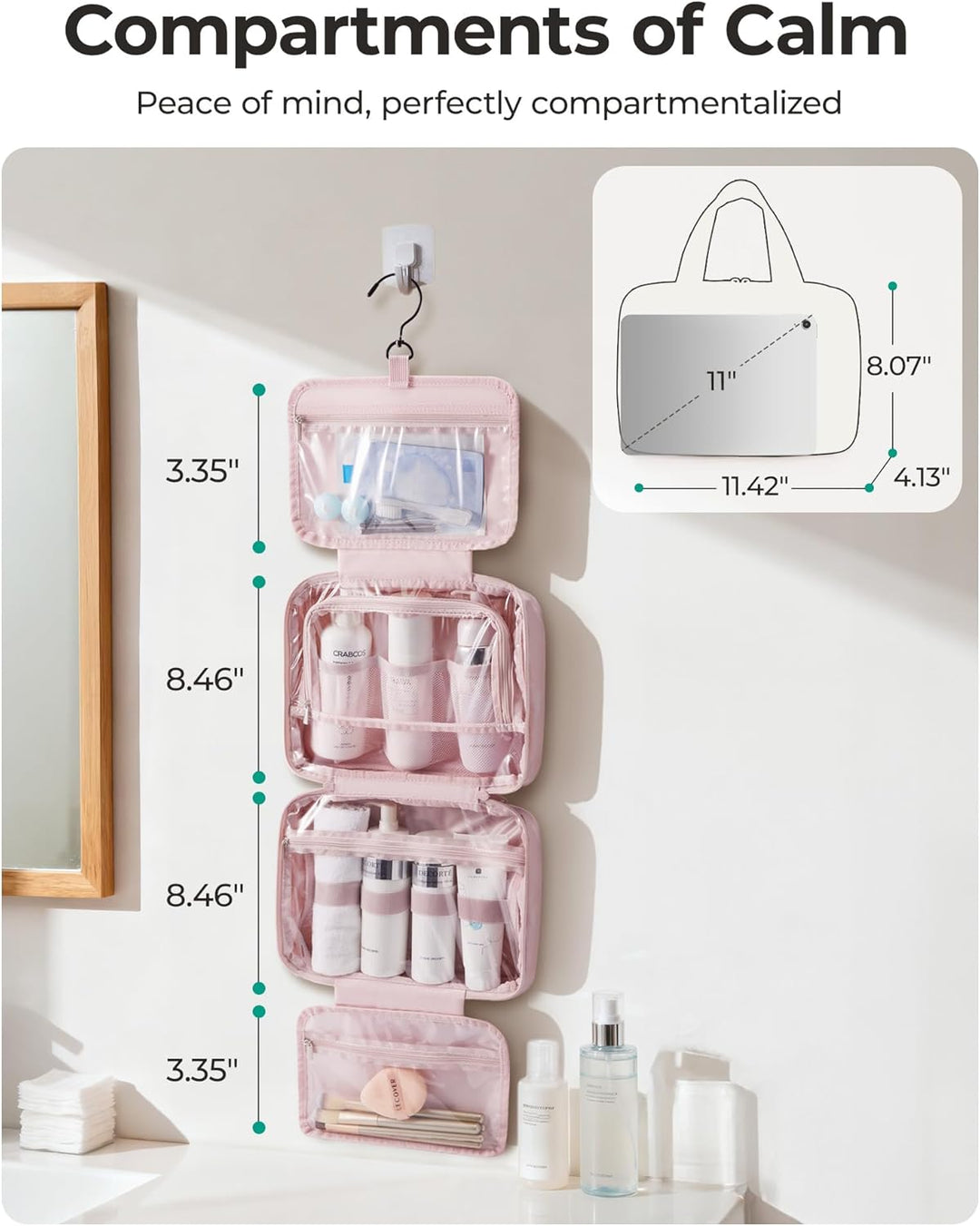 BAGSMART Puffer Kulturbeutel Kulturtasche Damen, Tragbarer Kulturtasche zum Aufhängen mit Hängehaken