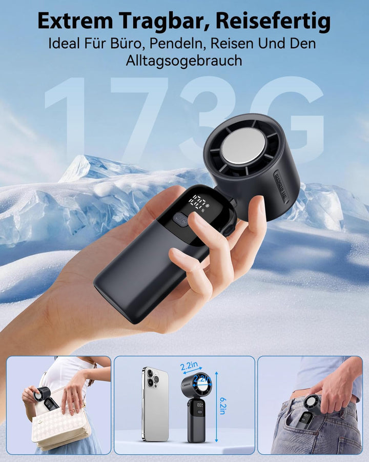 Timiyou Tragbarer Handventilator 3-in-1 mit Eiskühlung & Digitalanzeige | 100 Stufenlos Einstellbar,
