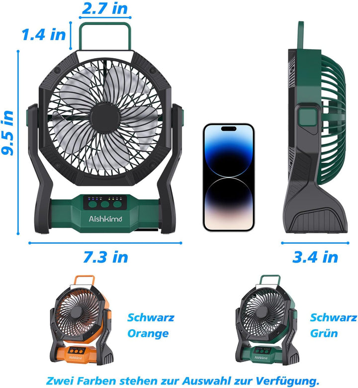 tragbarer Campingventilator mit LED-Licht, wiederaufladbarer Zeltventilator mit 10.000 mAh und Aufhä
