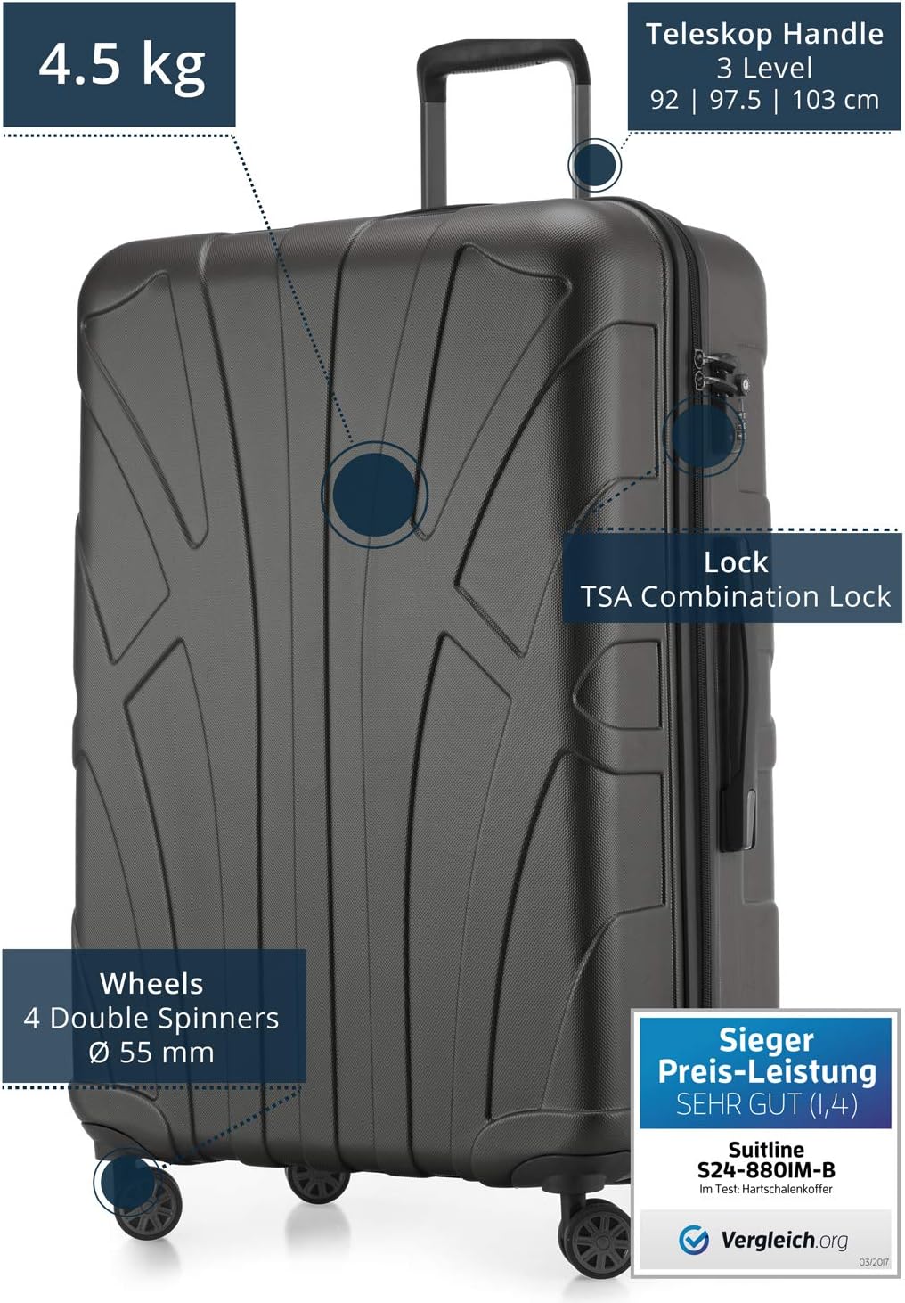suitline - Grosser Hartschalen-Koffer Koffer Trolley Rollkoffer XL Reisekoffer, TSA, 76 cm, ca. 96-1