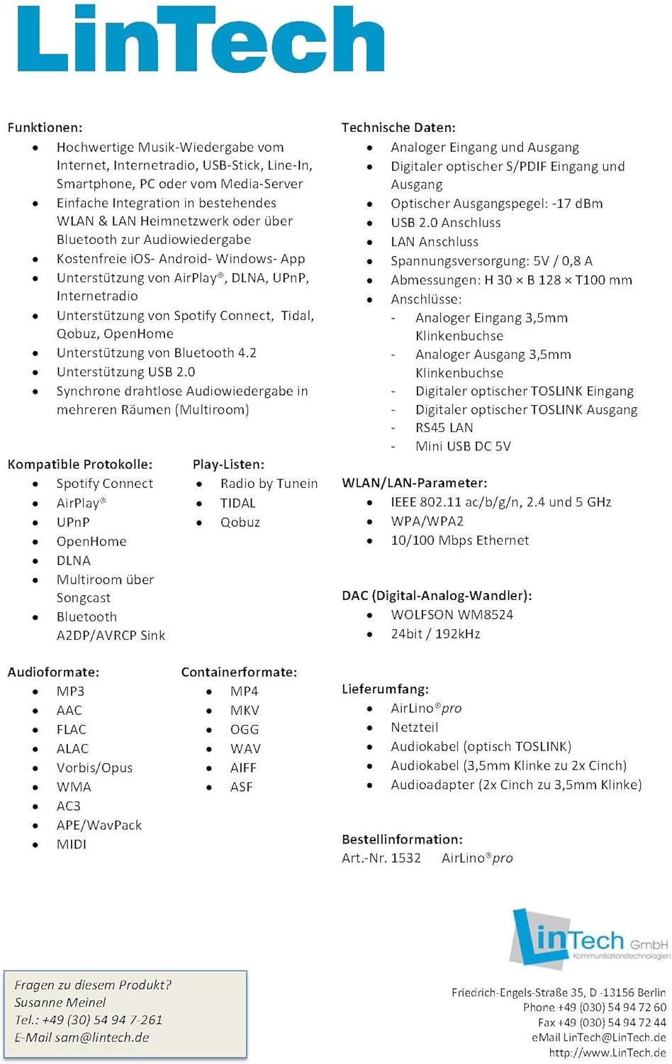 LinTech AirLino® pro HiFi Audio Connect WLAN,LAN und Bluetooth Empfänger/Receiver & Sender (WLAN 2.4