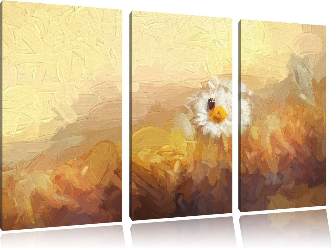 Pixxprint Gänseblümchen Marienkäfer / 3-Teilig/Gesamtmass 120cm Leinwandbild bespannt auf Holzrahmen