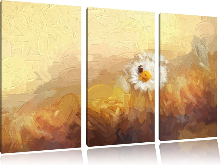 Pixxprint Gänseblümchen Marienkäfer / 3-Teilig/Gesamtmass 120cm Leinwandbild bespannt auf Holzrahmen