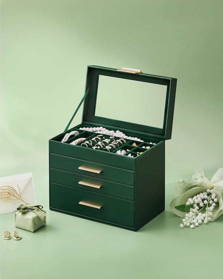 SONGMICS Schmuckkästchen, Schmuckkasten mit 4 Ebenen, Schmuckbox mit Glasdeckel, 3 Schubladen, für S