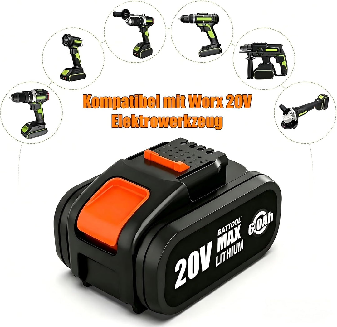 BATTOOL 2 Stück 6,0Ah Ersatzakku für Worx 20V Akku Elektrowerkzeuge Schwarz 6.0, Schwarz 6.0