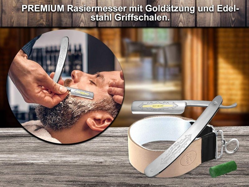 Geschenk Set Rasiermesser Set Paste aus Solingen mit Profi Kombi Streichriemen aus Leder Baumwolle u