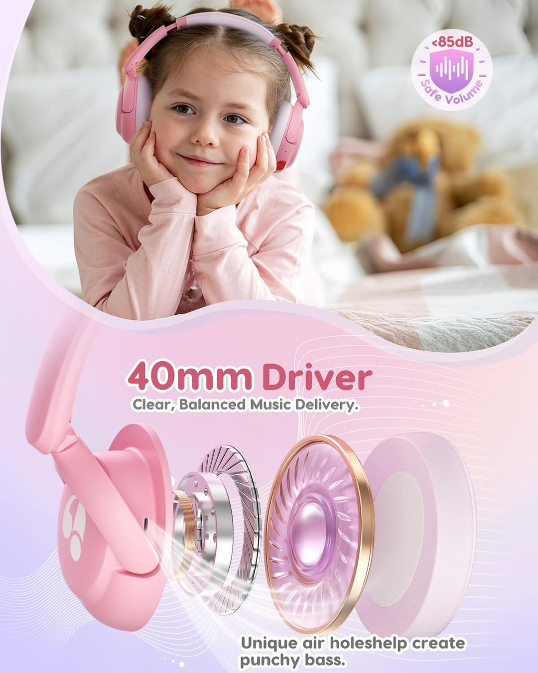 Bluetooth Kopfhörer Kinder, 85dBA Sicheres Volumen, Bluetooth 5.4, BPA Frei/CPC Zertifiziert, 75 Std