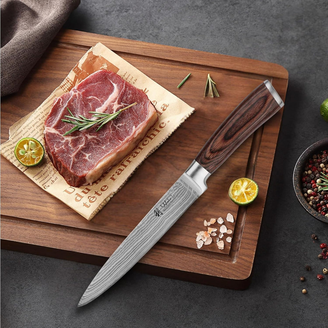 Wakoli 6er Damastmesser Profi Set Edib Serie mit Geschenkox inkl. magnetischem Messerblock aus Akazi