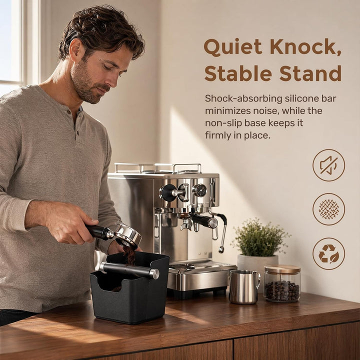 Abklopfbehälter für Siebträger Espresso Knock Box mit Abnehmbarer Klopfstange, Rutschfester Basis &