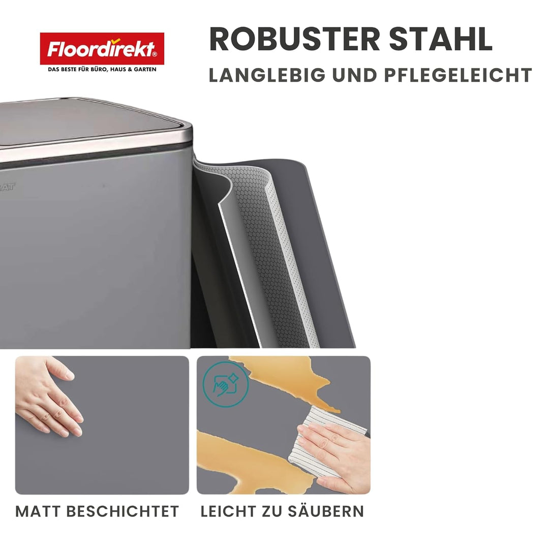 Floordirekt Mülleimer Küche 2×30L Grau | 2-Fach Mülltrennung, Treteimer Küche, Metall, Soft-Close, l