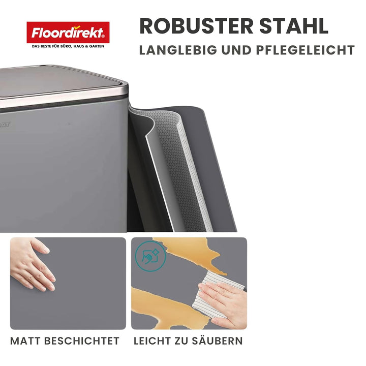 Floordirekt Mülleimer Küche 2×30L Grau | 2-Fach Mülltrennung, Treteimer Küche, Metall, Soft-Close, l