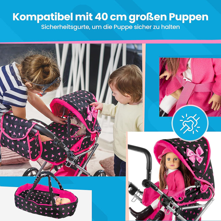 Kinderplay Puppenwagen ab 1 2 3 Jahre Kinderwagen Spielzeug - 3 in 1, Puppenwagen mit Herausnehmbare