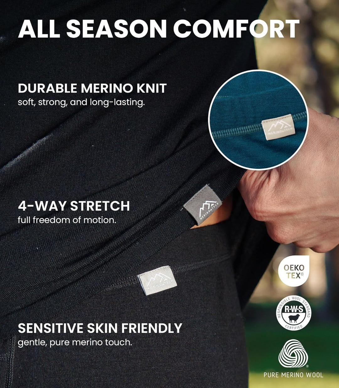 Merino Unterwäsche Herren - Lange Unterhosen Herren Merino Thermounterwäsche + Wollsocken 3XL .Black