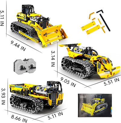 OKKIDY 3-in-1 Technik Bulldozer, RC Muldenkipper & Baustellenauto - 452 Teile Bauspielzeug für Kinde