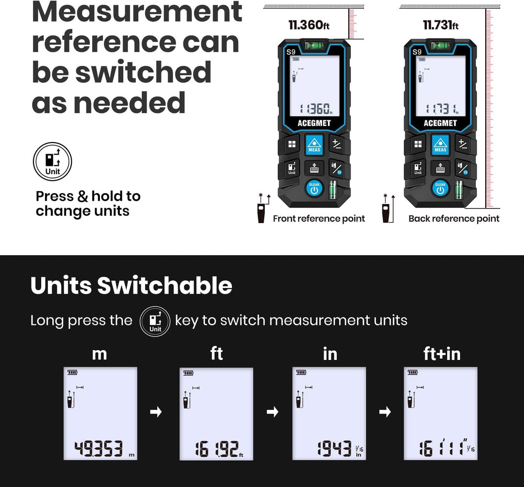 ACEGMET Laser-Entfernungsmesser Smartphone-App,Reichweite, 2 Wasserwaagen, Bluetooth,LCD-Display mit