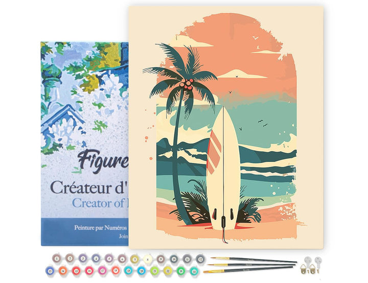 Figured'Art Malen Nach Zahlen Erwachsene Mit Rahmen Surfbrett am Strand - Paint by Numbers Basteln D