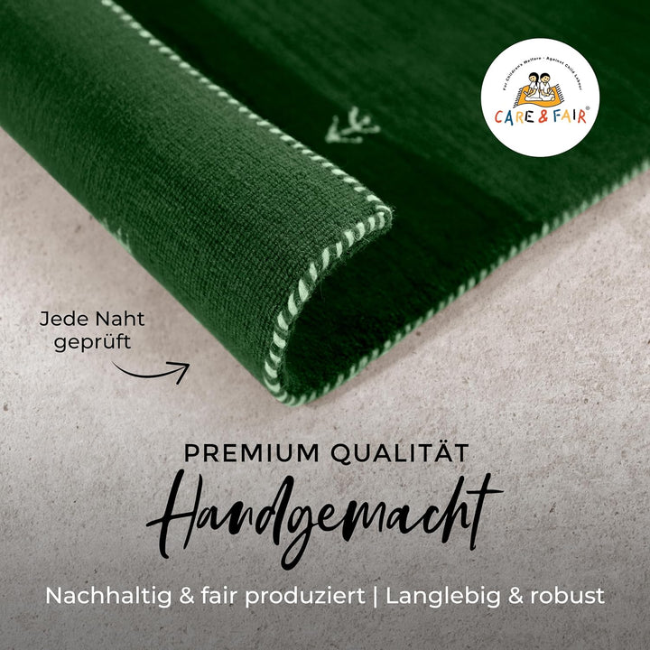 carpetfine Wollteppich Gabbeh Uni Grün 60x90 cm | Moderner Teppich für Wohn- und Schlafzimmer 60x90