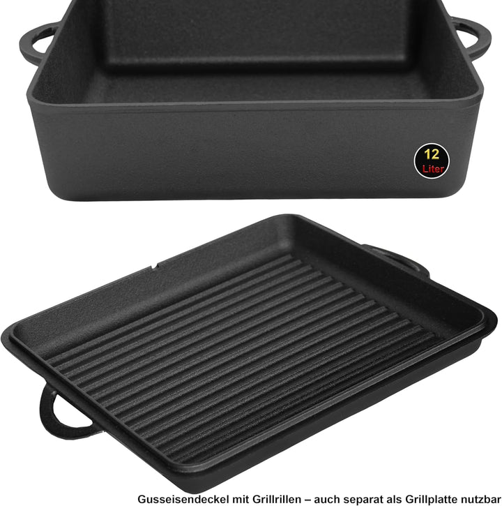 Dutch Oven Set Gusseisen 1,8L-13,6L – Feuertopf mit Deckelheber, Schmortopf mit & ohne Füsse, Schlit