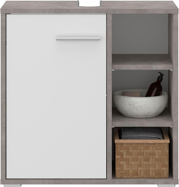 Waschbeckenunterschrank ORNA Betonoptik/weiss mit 1 Tür und 3 offenen Fächern, Waschbeckenschrank au