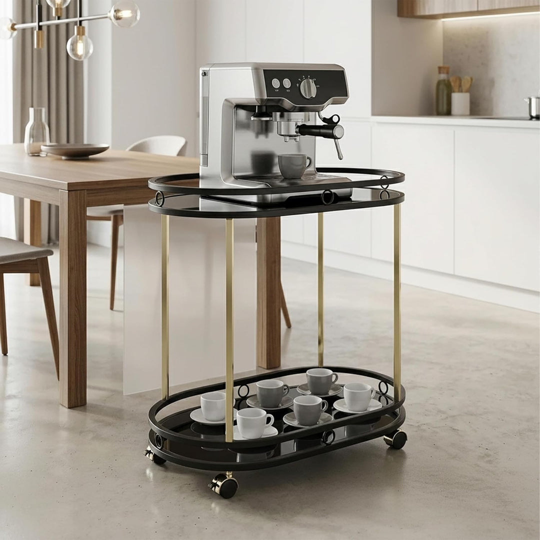 Relaxdays Servierwagen, 2 Etagen, Glas &amp; Metall, schwarz/Gold | H x B x T: 77,5 x 72 x 42 cm, Küchen