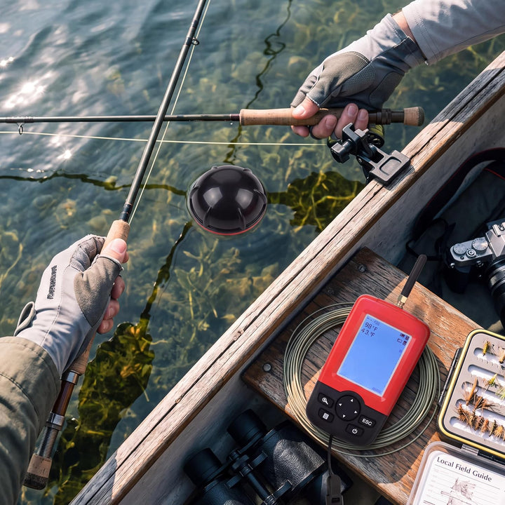 Tragbare Fish Finder Wireless Sonar Sensor Fischköder Echolot mit Wassertemperatur Tiefe Farbdisplay