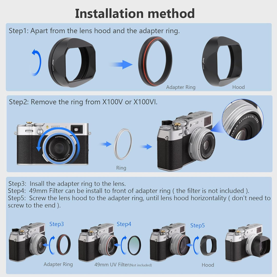 Haoge LH-X54B Gegenlichtblende aus Metall, quadratisch, mit 49 mm Adapterring, für Fujifilm X100VI F