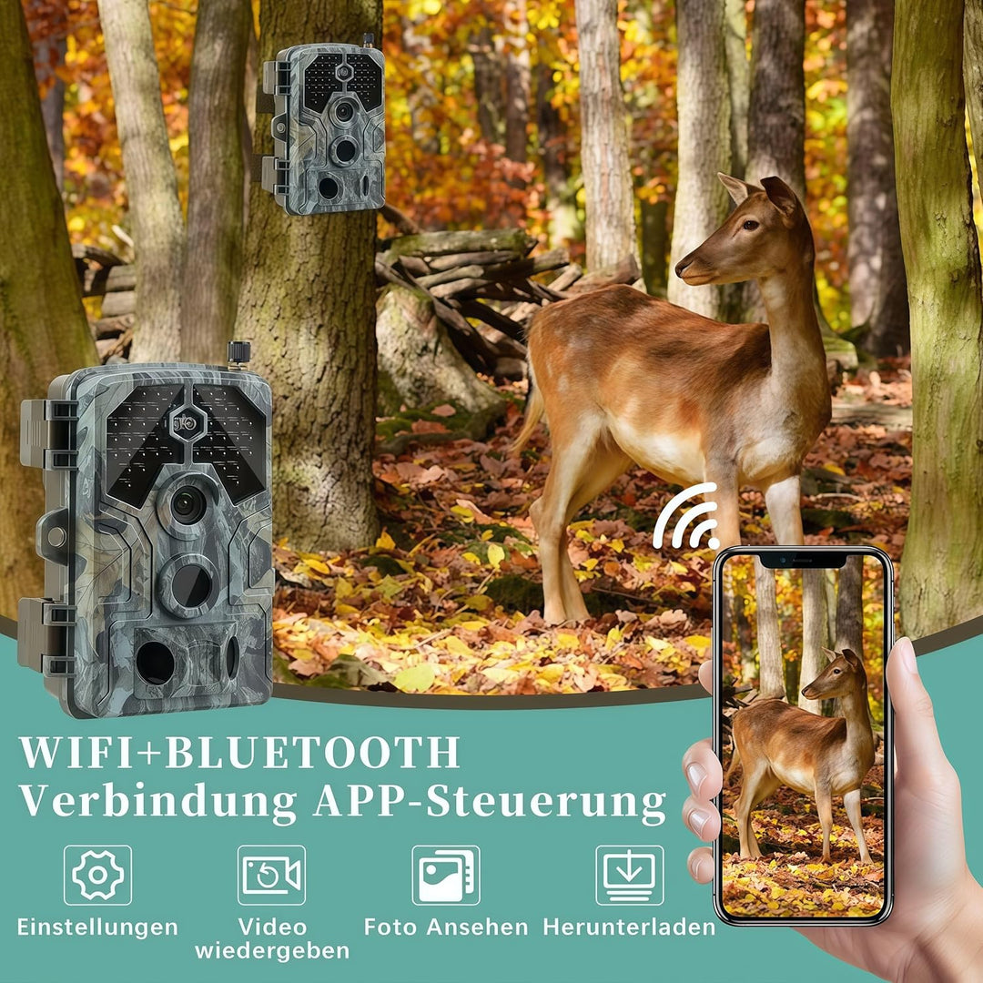 Wildkamera mit Handyübertragung App – 4K Video & 64MP Fotos – WLAN & Bluetooth – Wildtierkamera mit