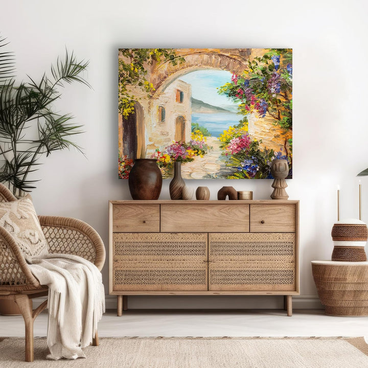 wandmotiv24 Leinwandbild Malerei, 80x60cm, Querformat, Gasse, mediterran, Meer, Deko, Bilder auf Lei