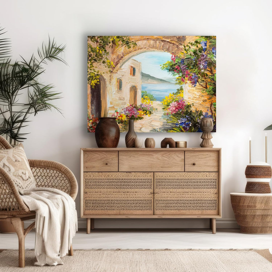 wandmotiv24 Leinwandbild Malerei, 60x45cm, Querformat, Gasse, mediterran, Meer, Deko, Bilder auf Lei