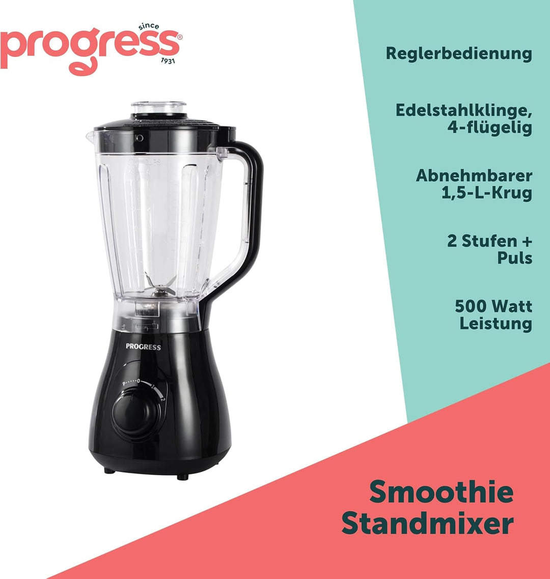 Progress Plastic 1,5L Krugmixer - 2 Geschwindigkeiten & Pulsfunktion, 4-Flügel-Edelstahlklinge, gros