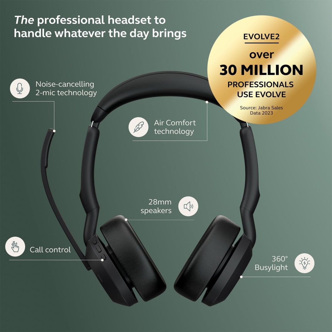 Jabra Evolve2 55 - schnurloses Stereo-Headset mit Ladestation und Jabra Air Comfort - Mikrofone mit