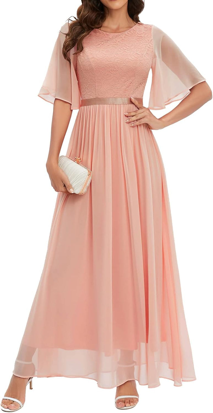 Bbonlinedress Abendkleider elegant für Hochzeit Spitzen Chiffon Ärmel Kleid festliches Brautjunferkl