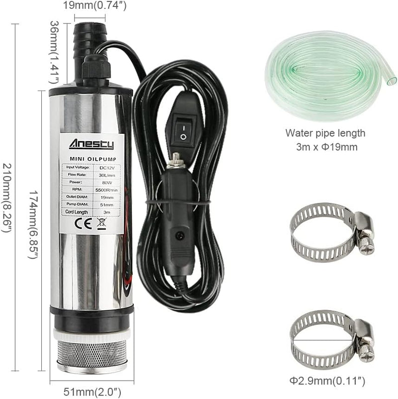 Edelstahl Transfer Pumpe 12V 51mm Wasserpumpe Tauchpumpe für Auto Diesel Öl Heizöl Wasser Kraftstoff