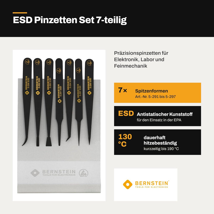 BERNSTEIN ESD Pinzetten Set 7-teilig - Antistatischer Kunststoff, Präzisionspinzette für Elektronik