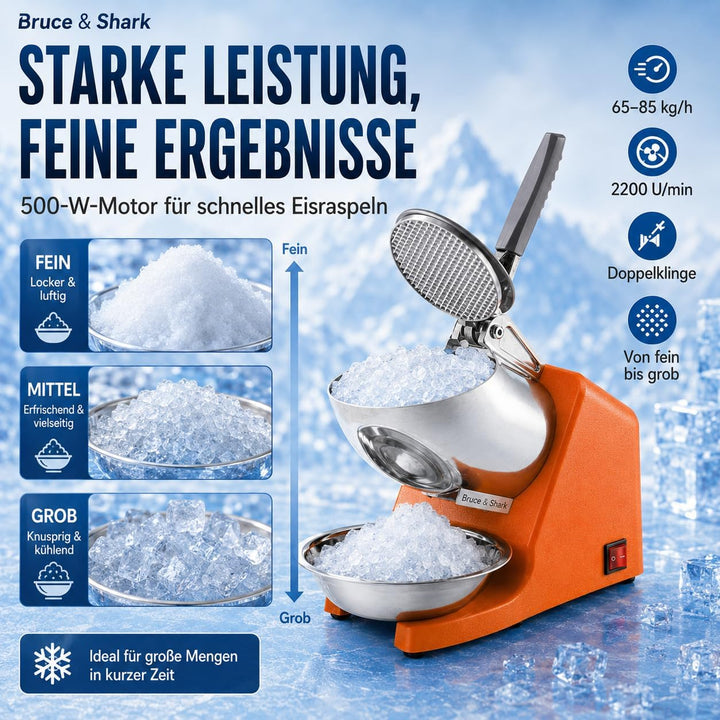 Eiscrusher Ice Crusher Elektrisch 500W, 65-85 kg/h Crushed Ice Maschine für Slushies Cocktails | Cru