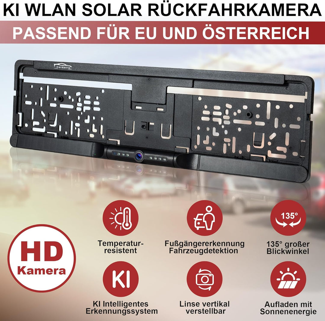 Solar Rückfahrkamera im Kennzeichenhalter für EU &amp; Österreich mit WLAN Funk | Rückfahrsystem mit App