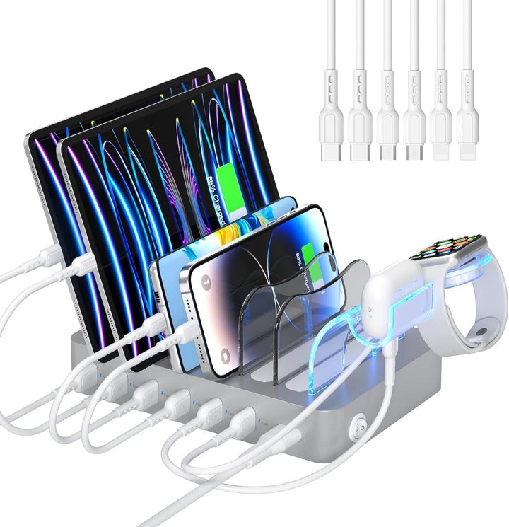 SooPii USB-Ladestation Organizer für mehrere Geräte, 6 Ports 50W Ladestation mit 6 Kabeln und aktual