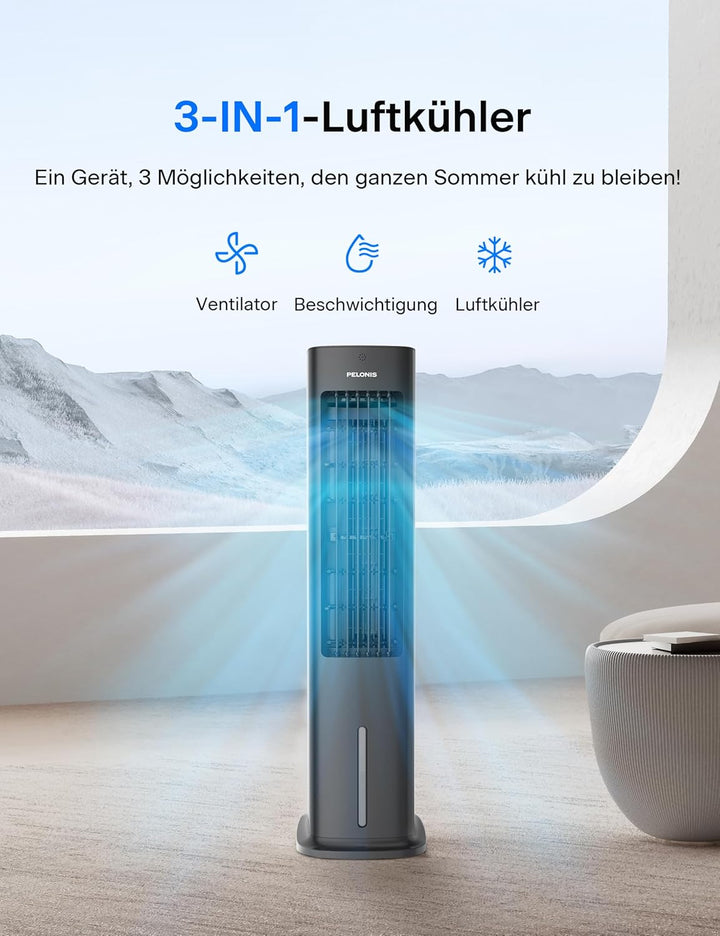 Pelonis 5L Verdunstungskühler mit Fernbedienung, 3-in-1 Tragbarer Luftkühler, Ventilator, Luftbefeuc