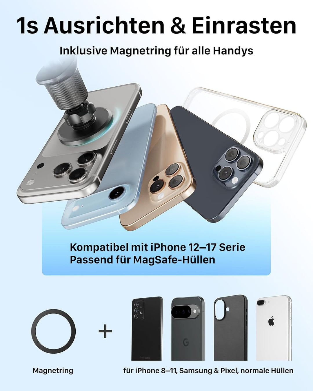 YOSH für MagSafe Autohalterung, 3-in-1 Vakuum Magnet Halterung mit 300N Saugkraft &amp; Doppelhaken, für