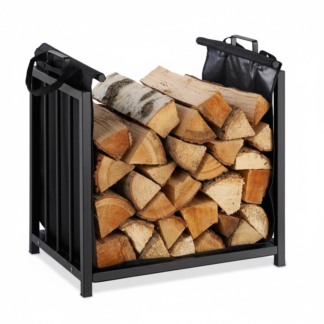 Relaxdays Kaminholzständer mit Holztragetasche, für innen, modernes Design, Kaminregal Stahl, HBT: 5