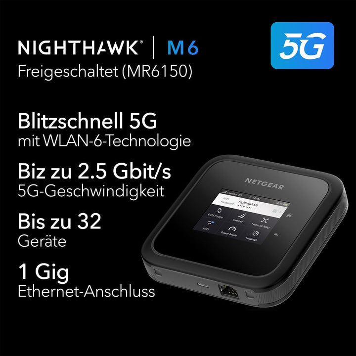NETGEAR Nighthawk M6 (MR6150), 5G Router Sim-Karte WiFi 6, LTE Router 5G, Mobiler WLAN Router, 5G Mo
