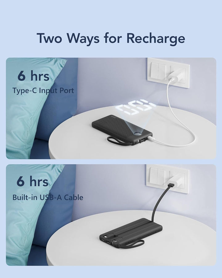 VRURC Power Bank mit 4 Kabel 10000mAh Powerbank Tragbares Ladegerät USB C Externer Handyakkus LED Di