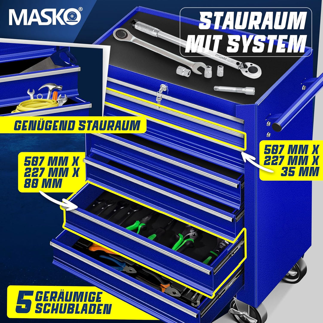 MASKO® Werkstattwagen - 7 Schubladen, blau ? Abschliessbar ? Massives Metall | Werkzeug-Wagen | Prof