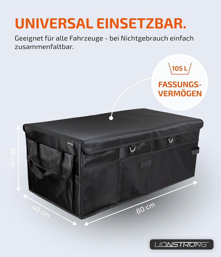 LIONSTRONG® Kofferraum-Organizer Box – Faltbare & rutschfeste Aufbewahrungsbox mit Tragegriffen und
